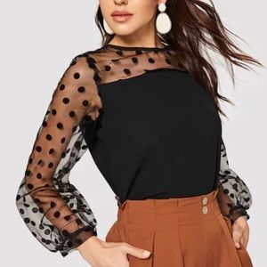 CONTRAST MESH POLKA DOT BLACK TOP